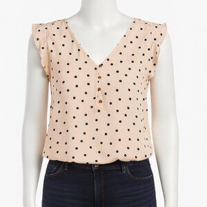 Loft Shirt Womens Medium‎ Petite Pink Black Polka Dot Ruffle Office Workwear